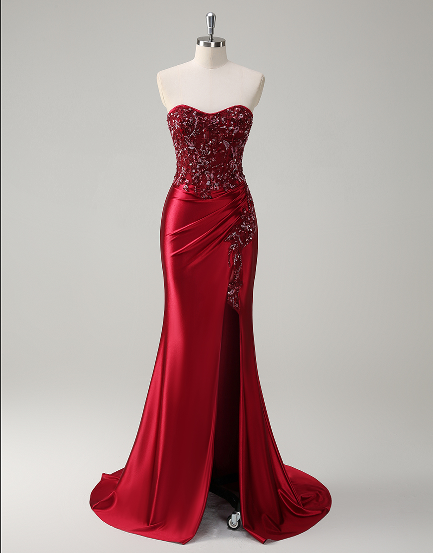 Sparkly Burgundy Mermaid Strapless Beading Corset Long Prom Dress with Slit