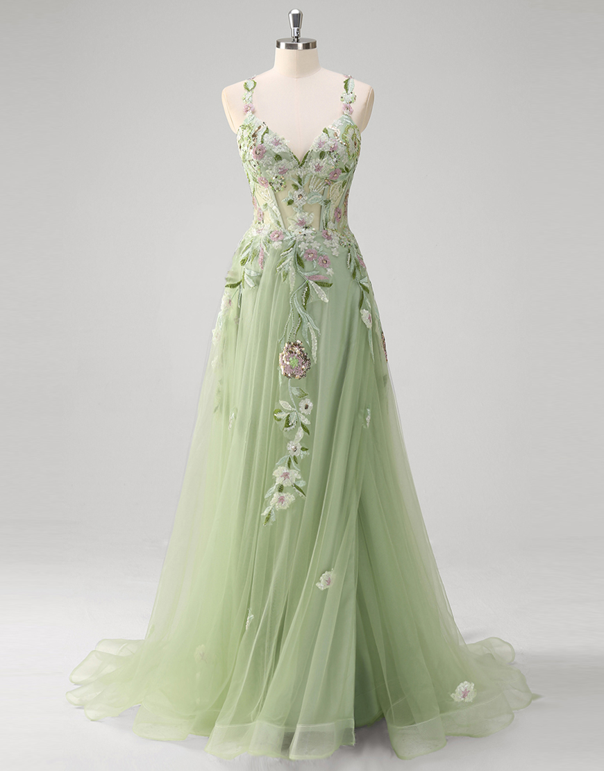 Sparkly Green A-Line Sequined Floral Spaghetti Straps Corset Tulle Long Prom Dress with Slit