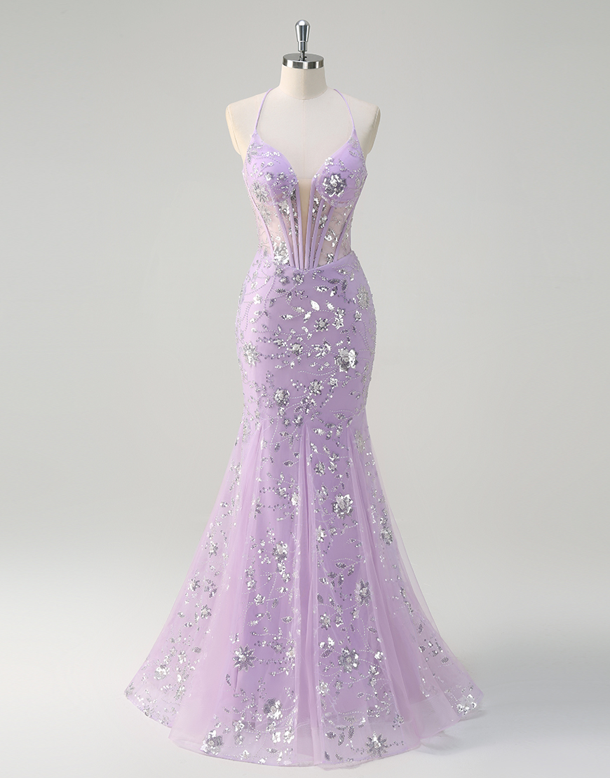 Sparkly Lilac Mermaid Spaghetti Straps Corset Sequined Long Prom Dress