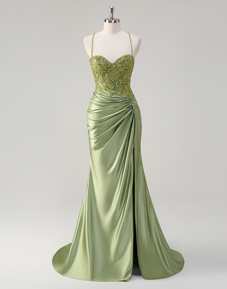 Sparkly Army Green Mermaid Spaghetti Straps Corset Appliques Long Prom Dress with Slit