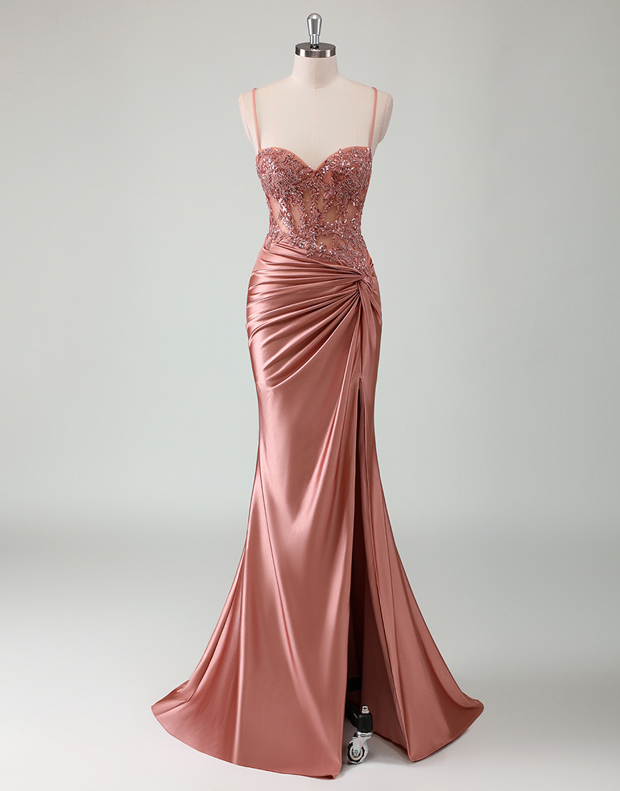 Sparkly Dusty Rose Mermaid Spaghetti Straps Corset Appliques Long Prom Dress with Slit