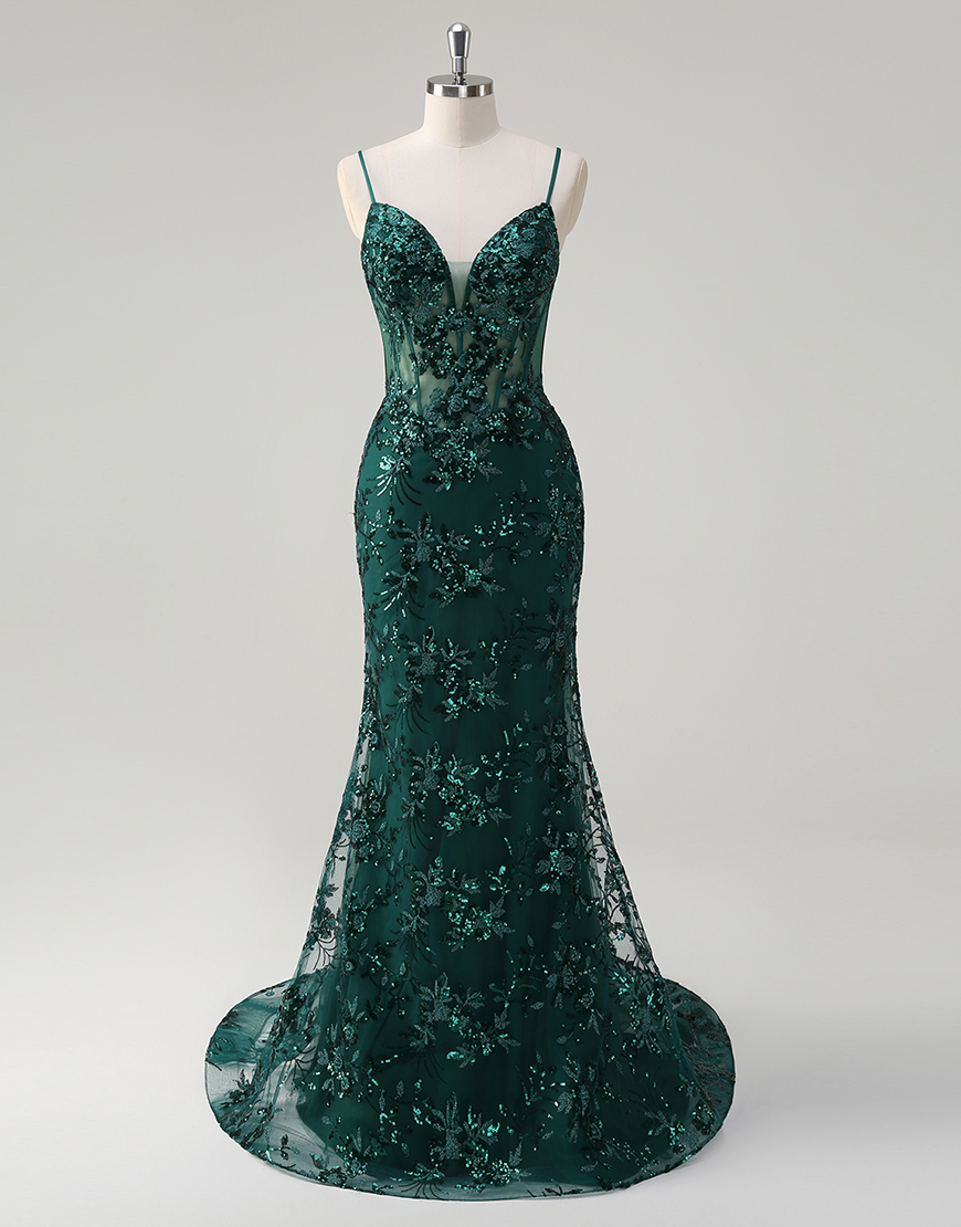 Sparkly Royal Blue Mermaid Spaghetti Straps Corset Sequined Tulle Long Prom Dress