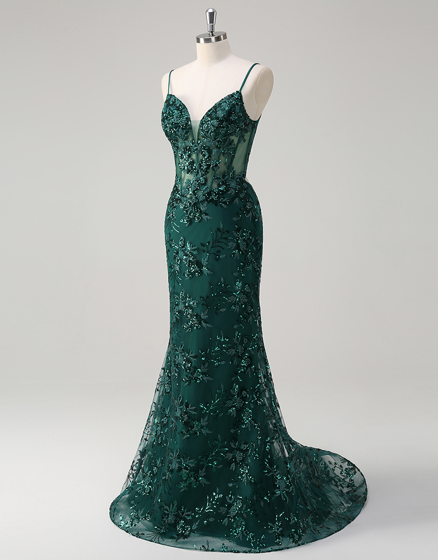 Sparkly Royal Blue Mermaid Spaghetti Straps Corset Sequined Tulle Long Prom Dress