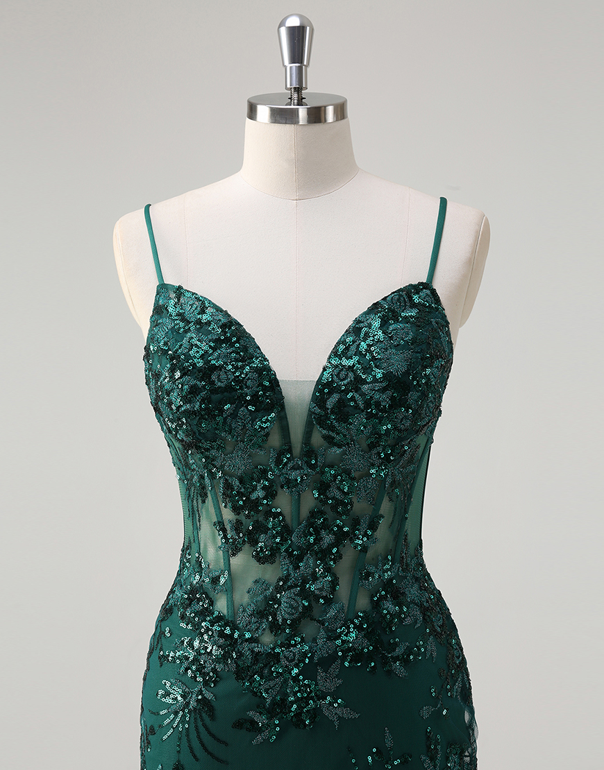 Sparkly Royal Blue Mermaid Spaghetti Straps Corset Sequined Tulle Long Prom Dress