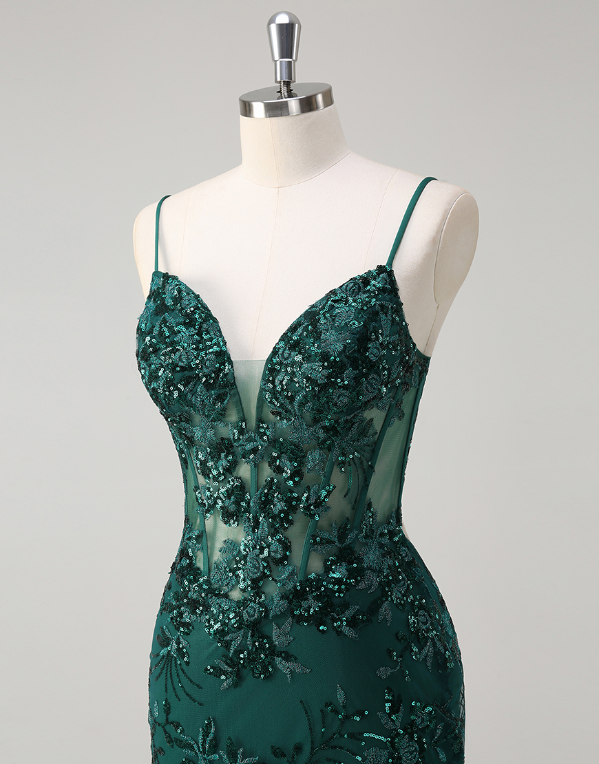 Sparkly Royal Blue Mermaid Spaghetti Straps Corset Sequined Tulle Long Prom Dress