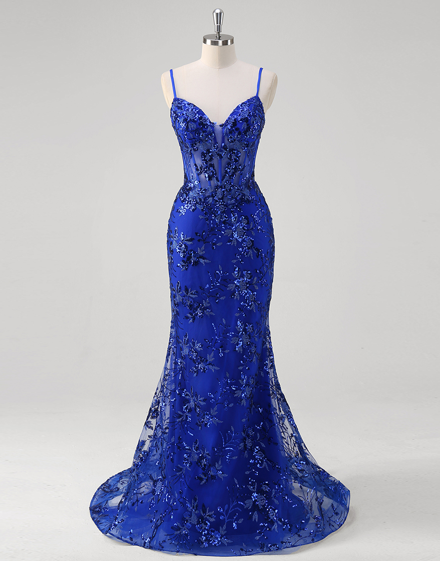Sparkly Royal Blue Mermaid Spaghetti Straps Corset Sequined Tulle Long Prom Dress