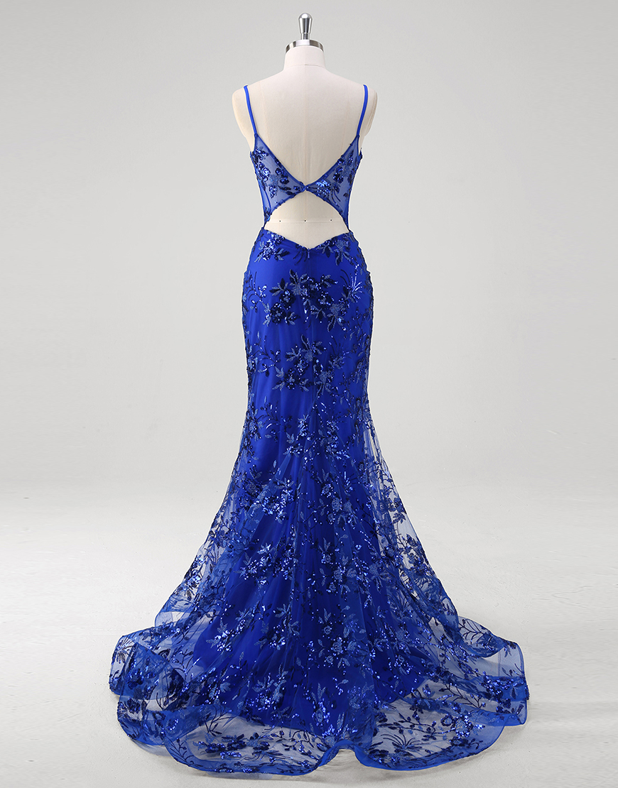 Sparkly Royal Blue Mermaid Spaghetti Straps Corset Sequined Tulle Long Prom Dress