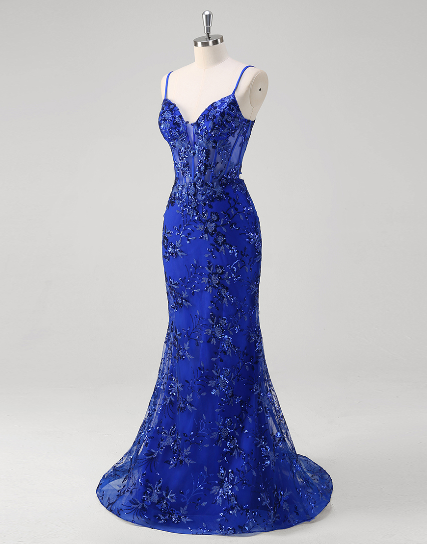 Sparkly Royal Blue Mermaid Spaghetti Straps Corset Sequined Tulle Long Prom Dress