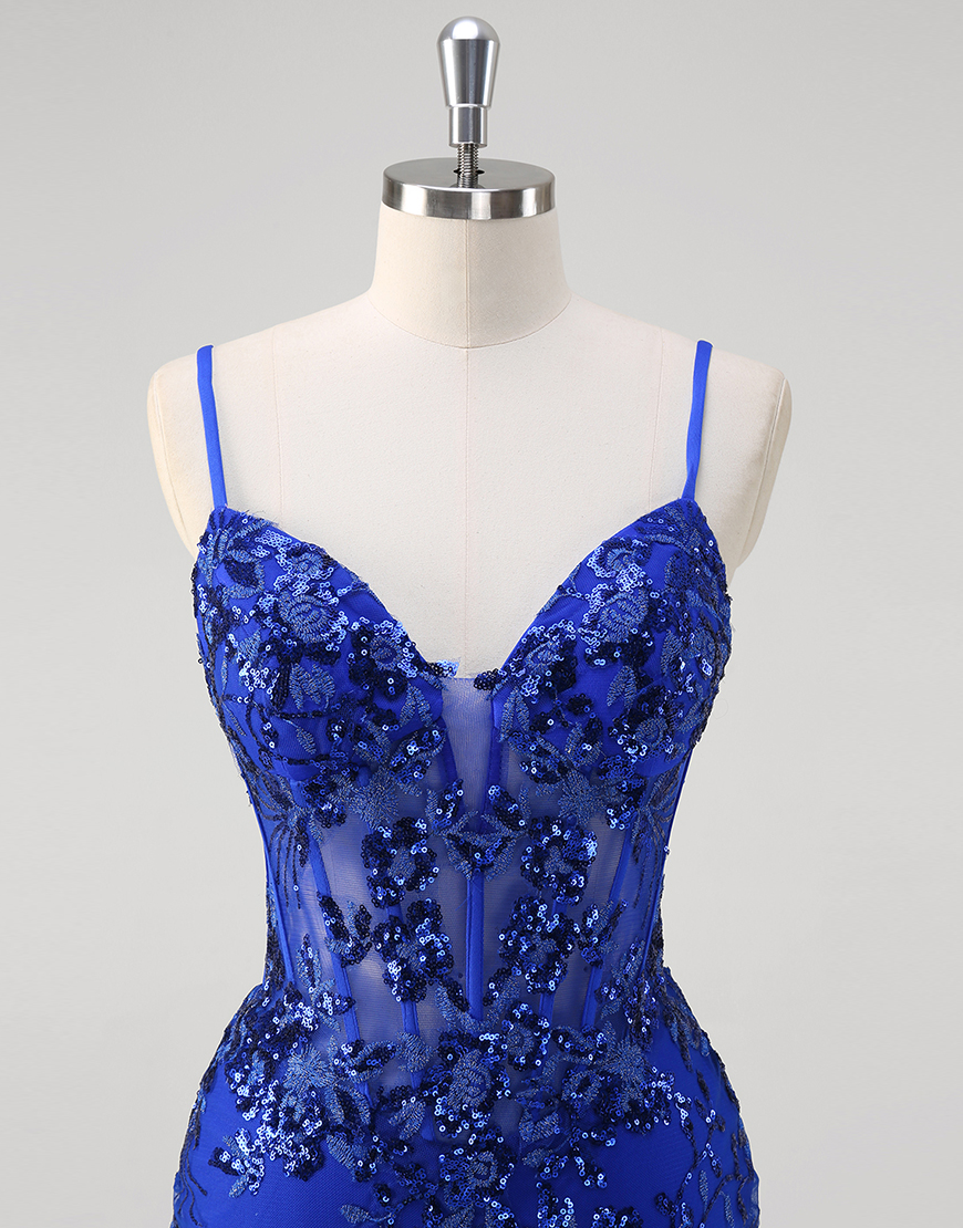 Sparkly Royal Blue Mermaid Spaghetti Straps Corset Sequined Tulle Long Prom Dress