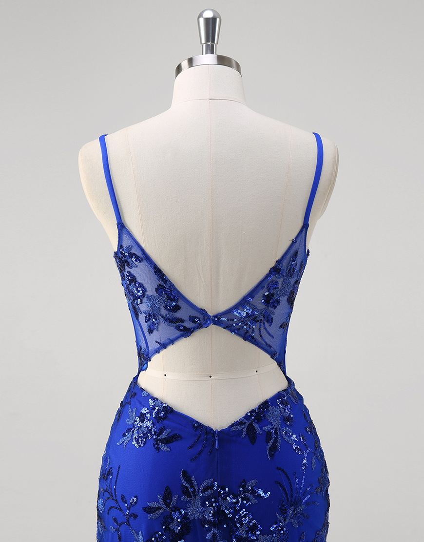 Sparkly Royal Blue Mermaid Spaghetti Straps Corset Sequined Tulle Long Prom Dress