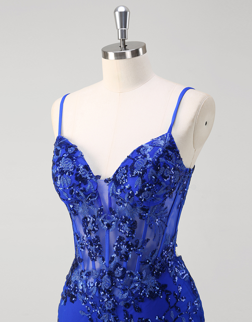 Sparkly Royal Blue Mermaid Spaghetti Straps Corset Sequined Tulle Long Prom Dress