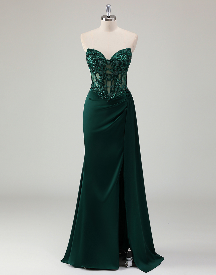Sparkly Dark Green Mermaid Corset Strapless Appliques Long Prom Dress with Slit