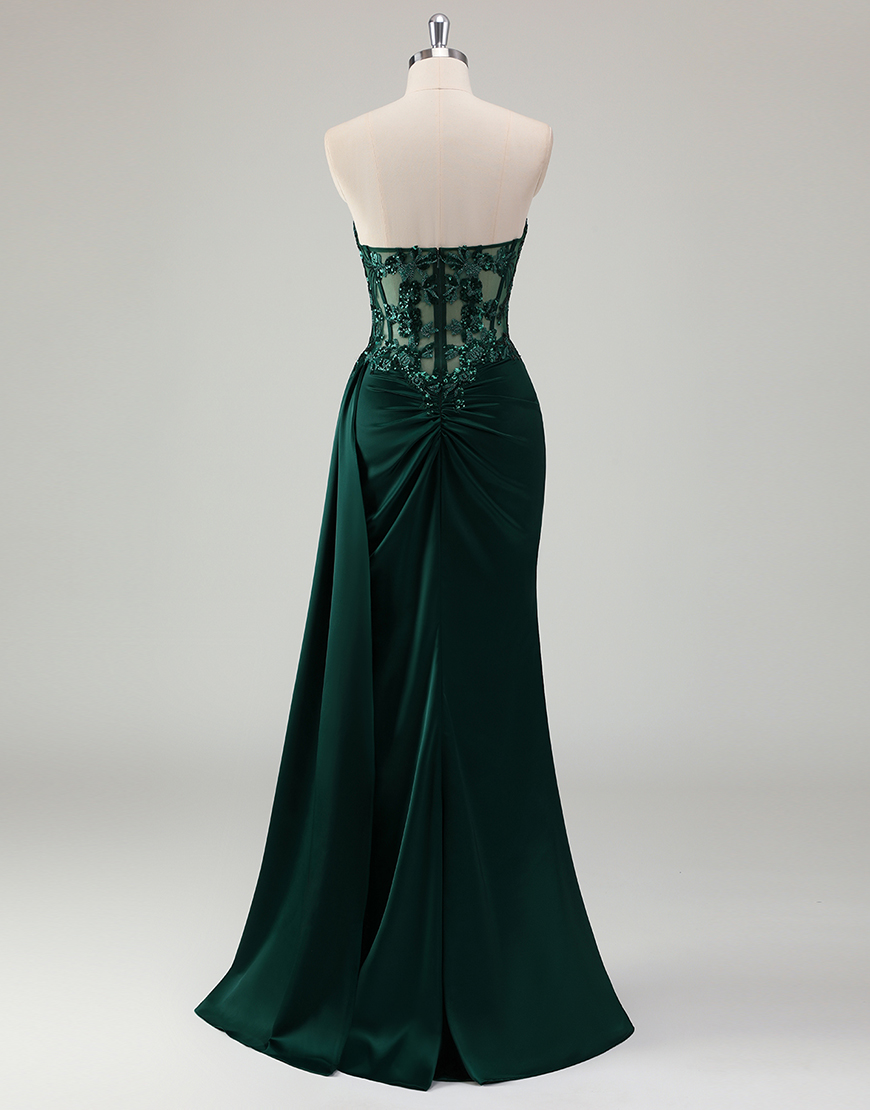 Sparkly Dark Green Mermaid Corset Strapless Appliques Long Prom Dress with Slit