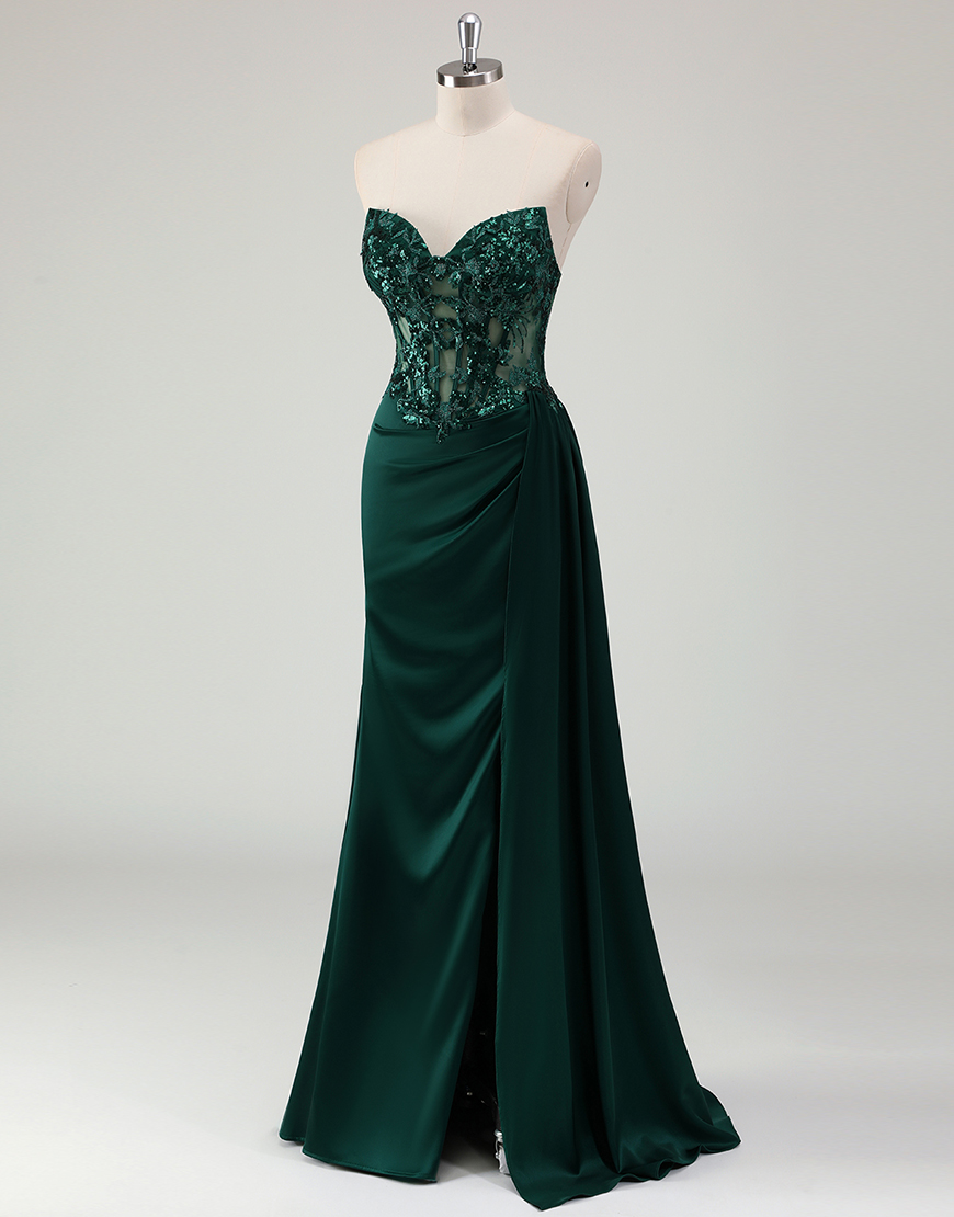 Sparkly Dark Green Mermaid Corset Strapless Appliques Long Prom Dress with Slit