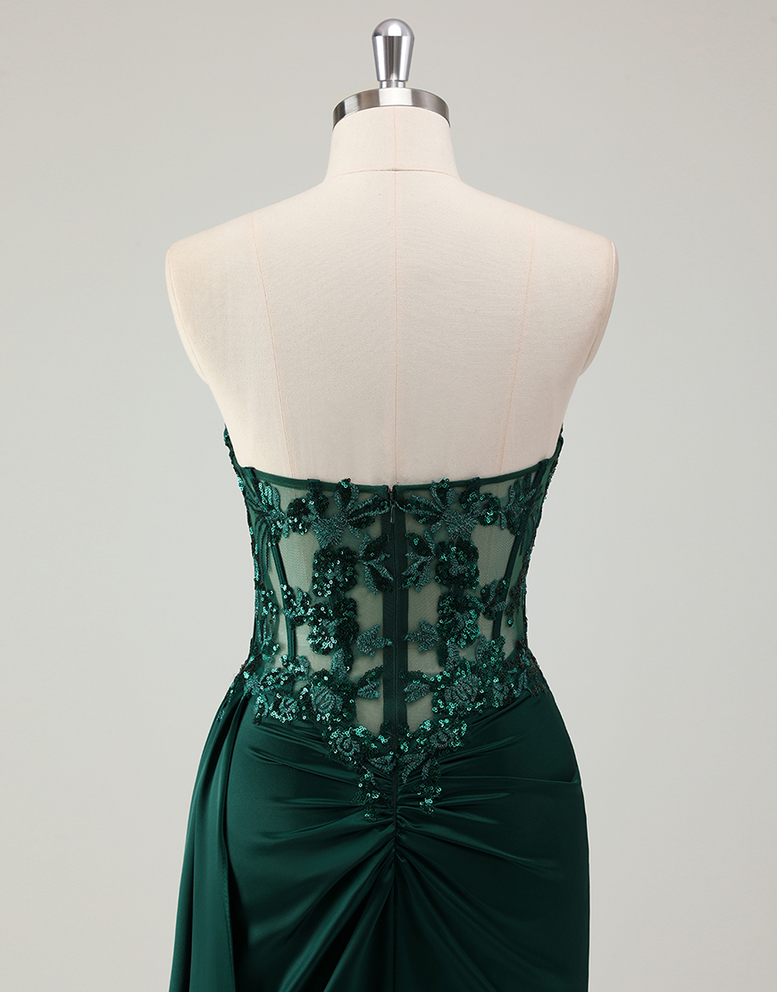 Sparkly Dark Green Mermaid Corset Strapless Appliques Long Prom Dress with Slit