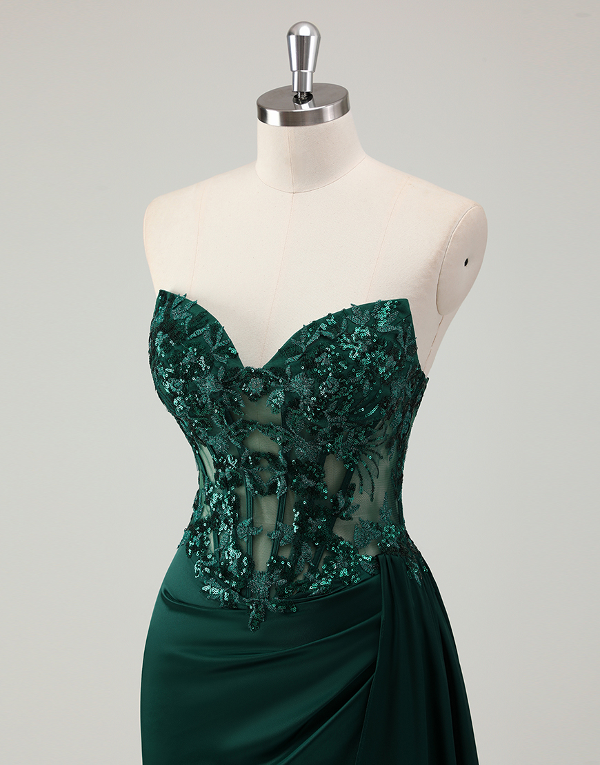 Sparkly Dark Green Mermaid Corset Strapless Appliques Long Prom Dress with Slit