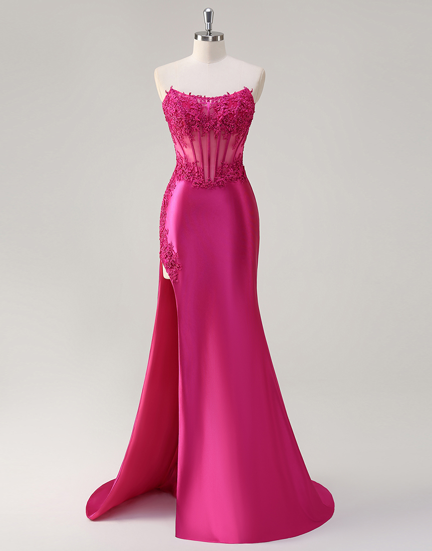 Sparkly Fuchsia Mermaid Strapless Corset Appliques Satin Long Prom Dress with Slit