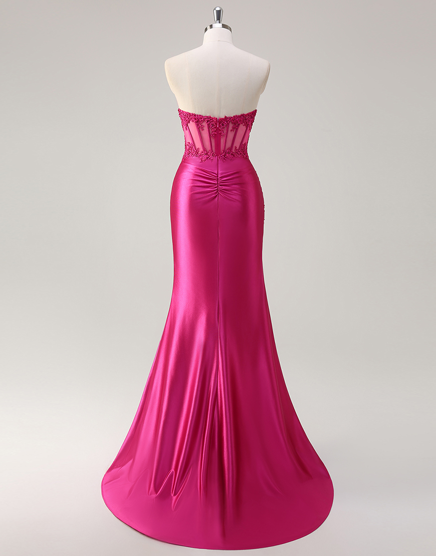 Sparkly Fuchsia Mermaid Strapless Corset Appliques Satin Long Prom Dress with Slit