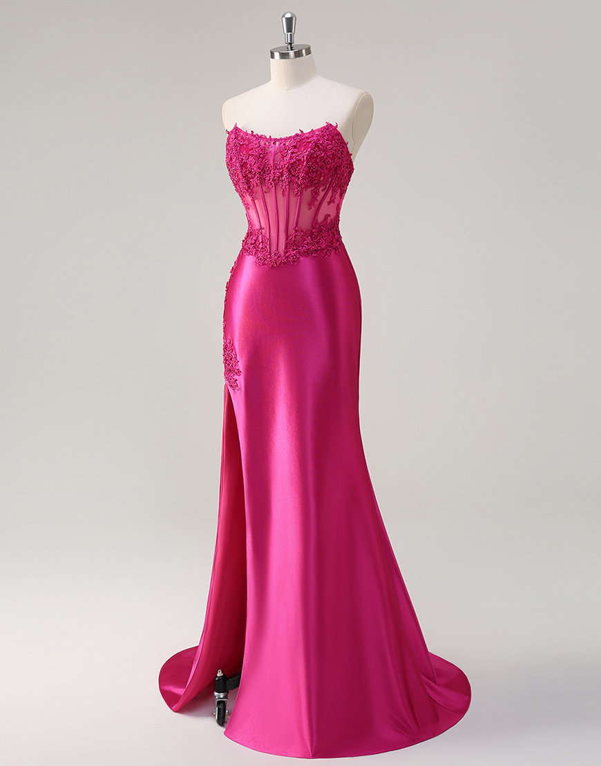 Sparkly Fuchsia Mermaid Strapless Corset Appliques Satin Long Prom Dress with Slit