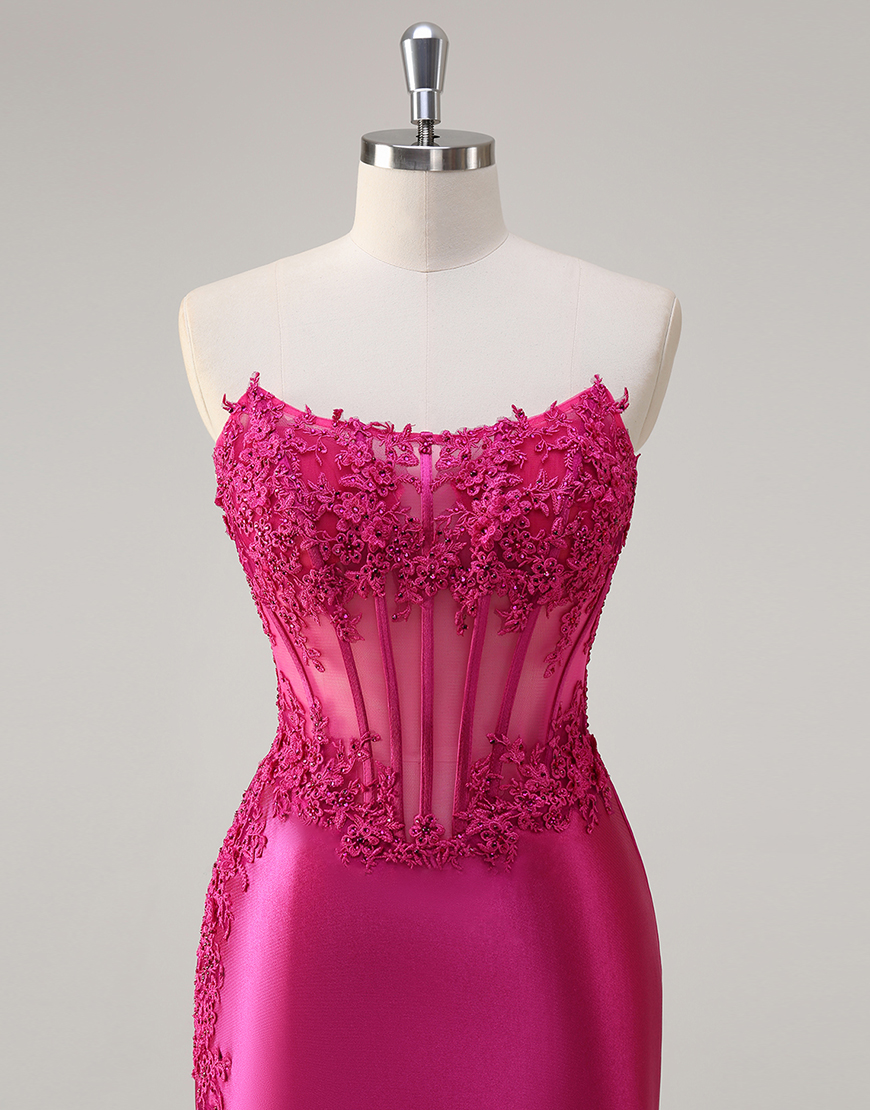 Sparkly Fuchsia Mermaid Strapless Corset Appliques Satin Long Prom Dress with Slit