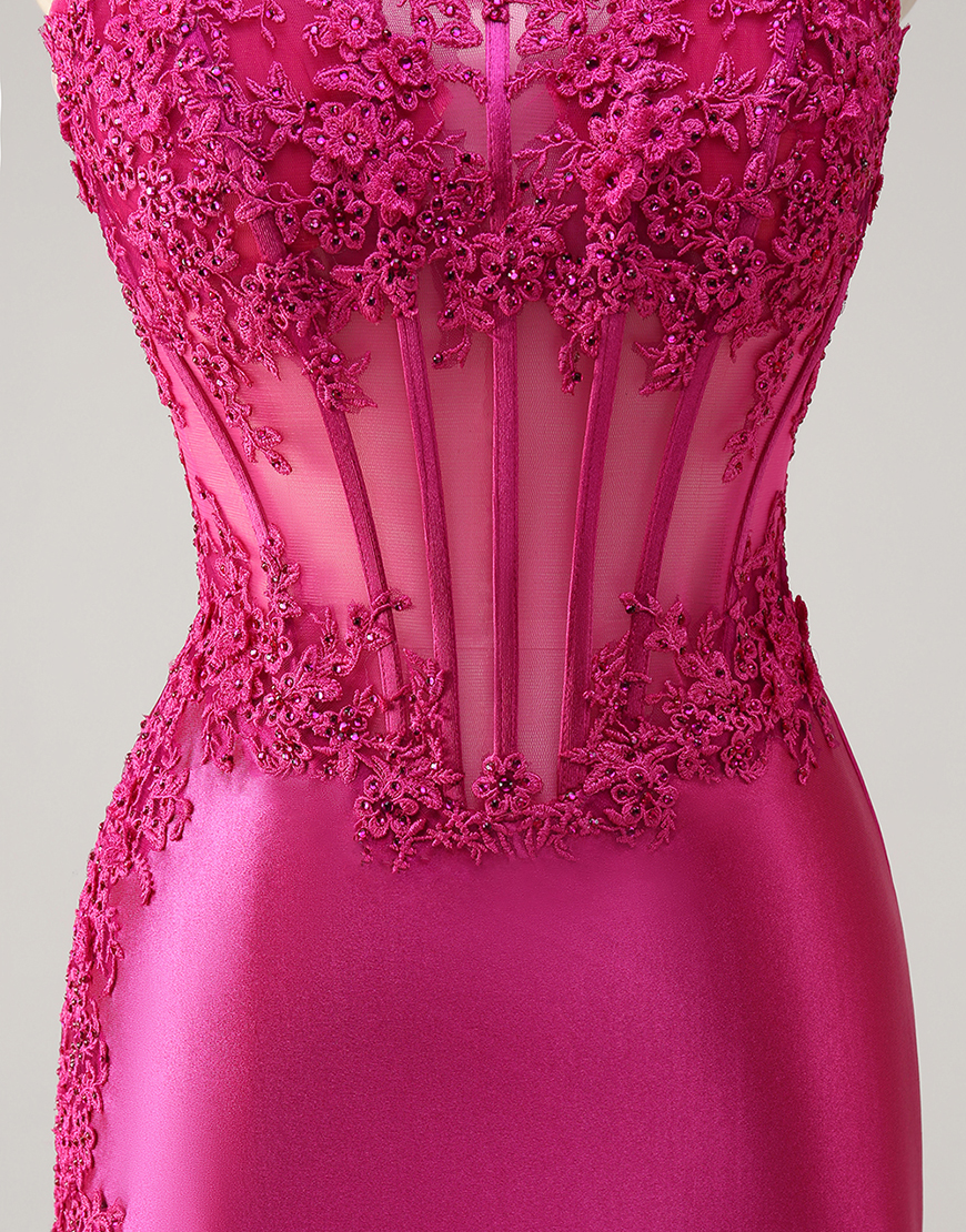 Sparkly Fuchsia Mermaid Strapless Corset Appliques Satin Long Prom Dress with Slit