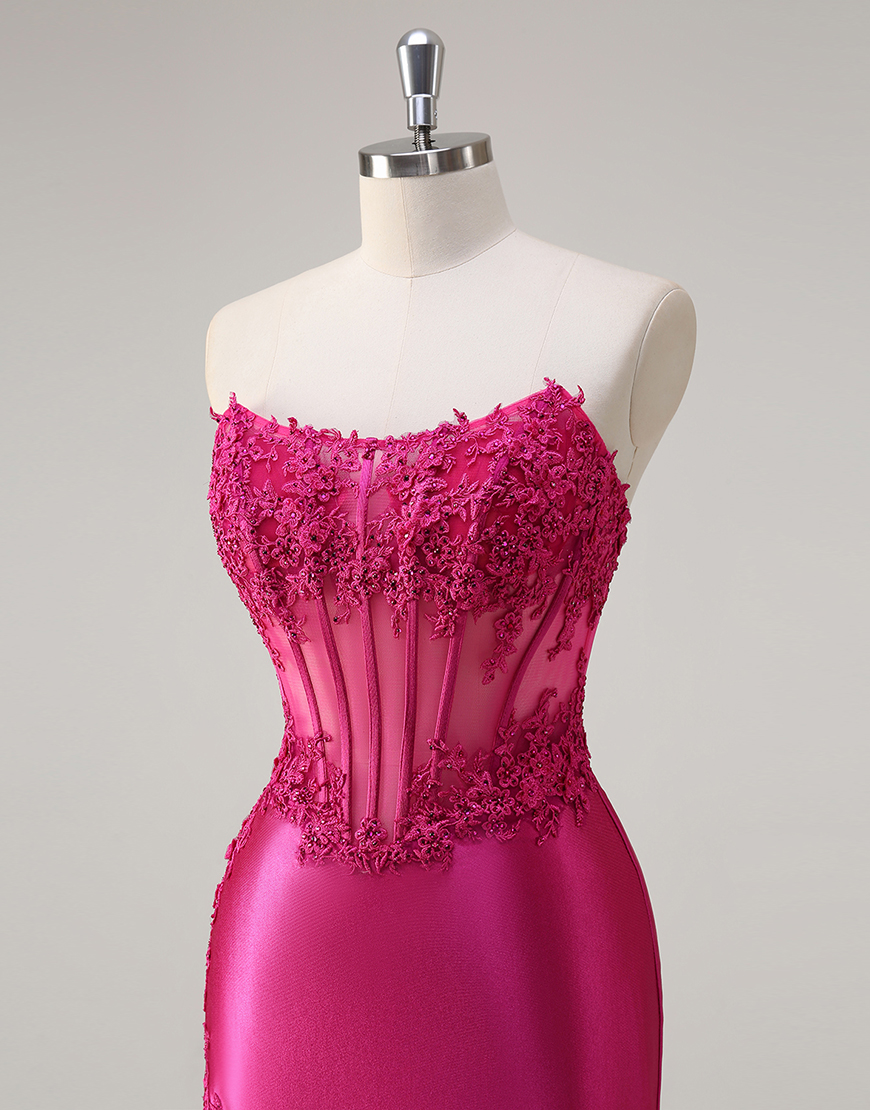 Sparkly Fuchsia Mermaid Strapless Corset Appliques Satin Long Prom Dress with Slit