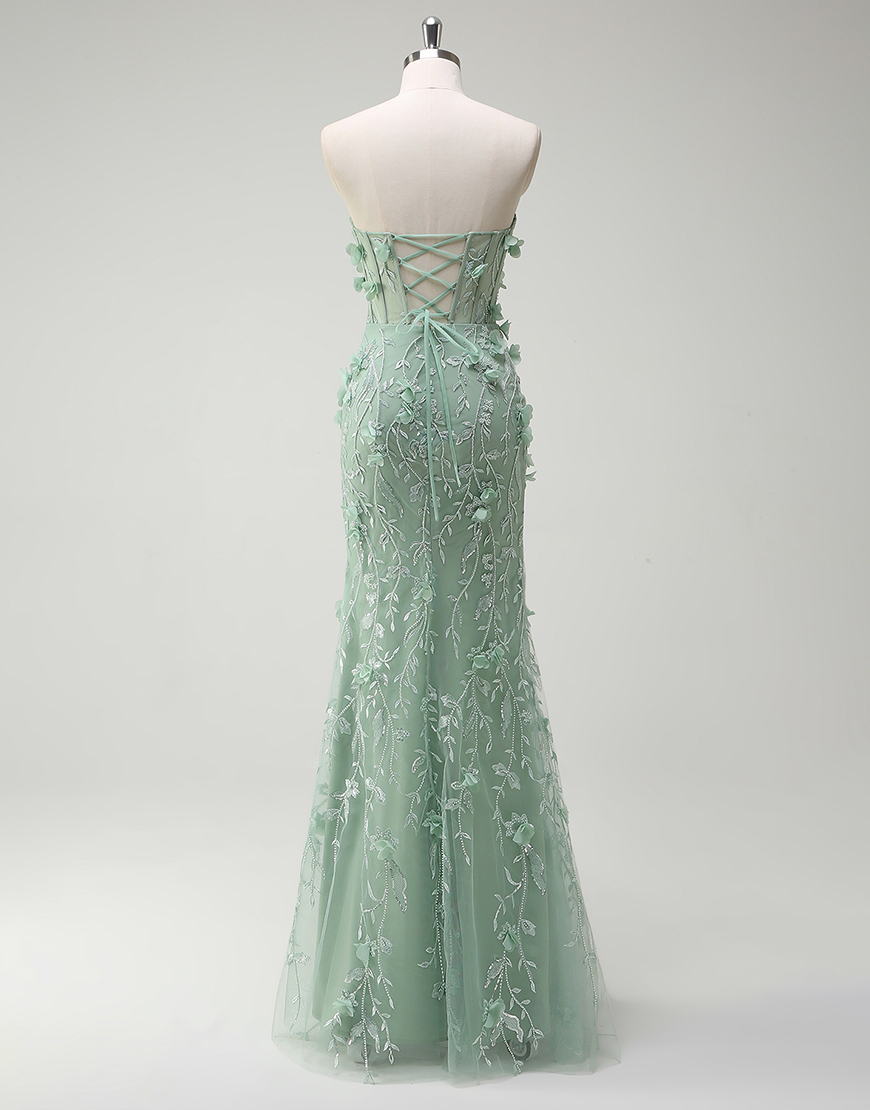 Sage Mermaid Strapless Corset 3D Appliques Long Prom Dress with Slit