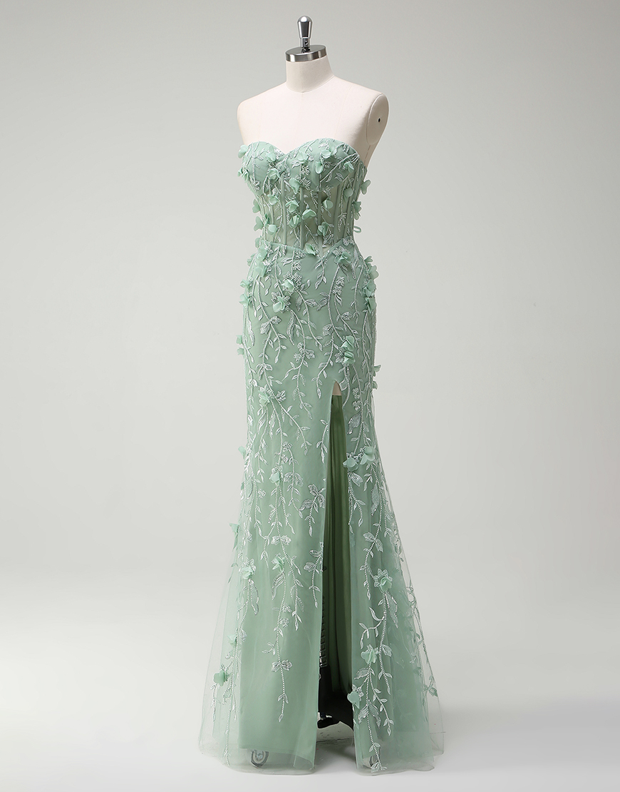 Sage Mermaid Strapless Corset 3D Appliques Long Prom Dress with Slit