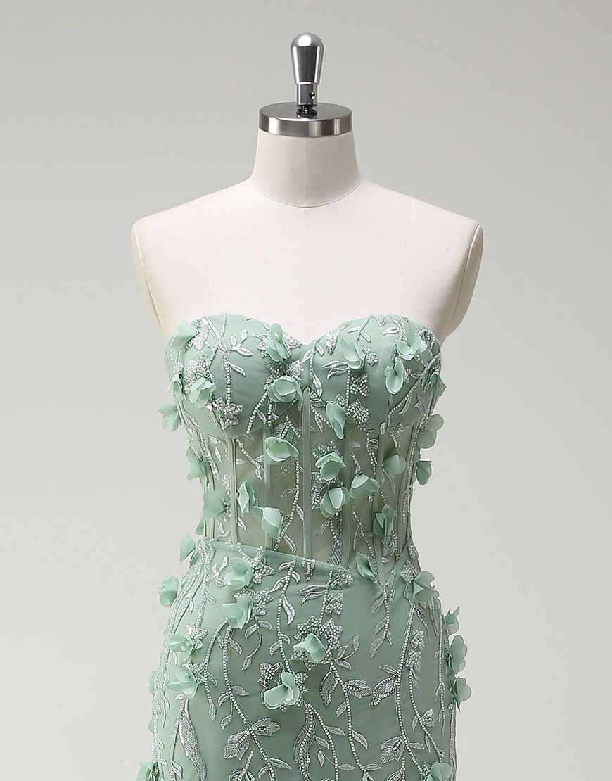 Sage Mermaid Strapless Corset 3D Appliques Long Prom Dress with Slit