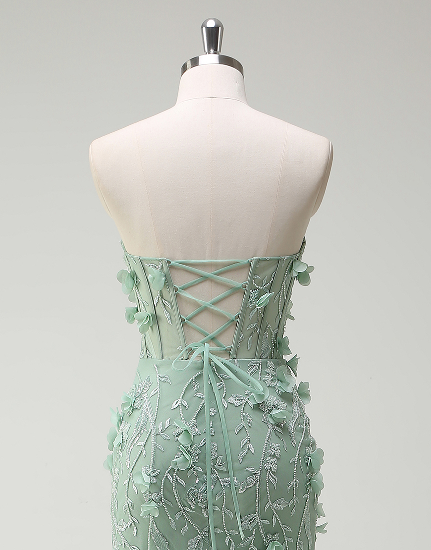 Sage Mermaid Strapless Corset 3D Appliques Long Prom Dress with Slit
