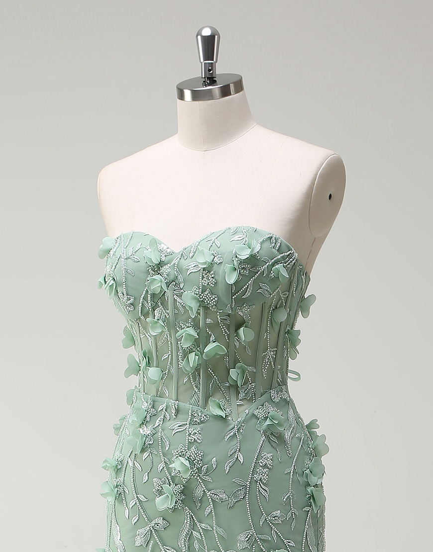 Sage Mermaid Strapless Corset 3D Appliques Long Prom Dress with Slit