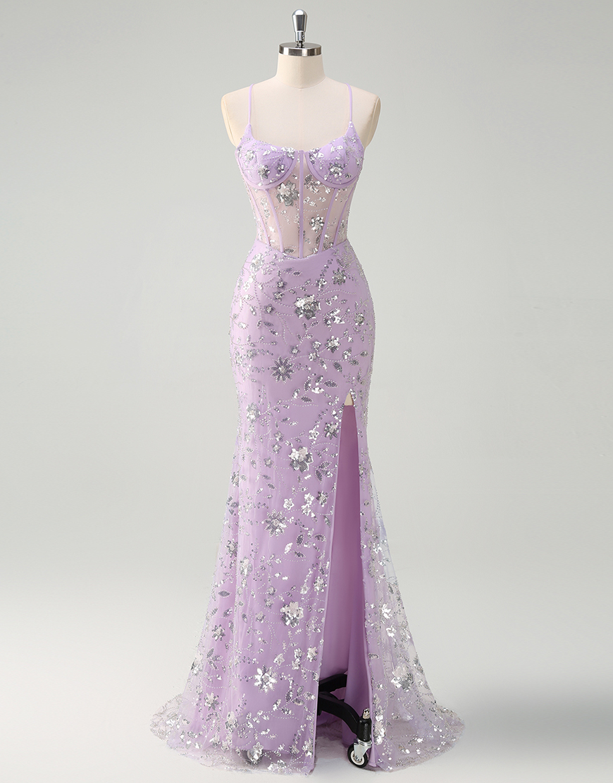Sparkly Lilac Mermaid Spaghetti Straps Sequined Embroidery Corset Long Prom Dress with Slit
