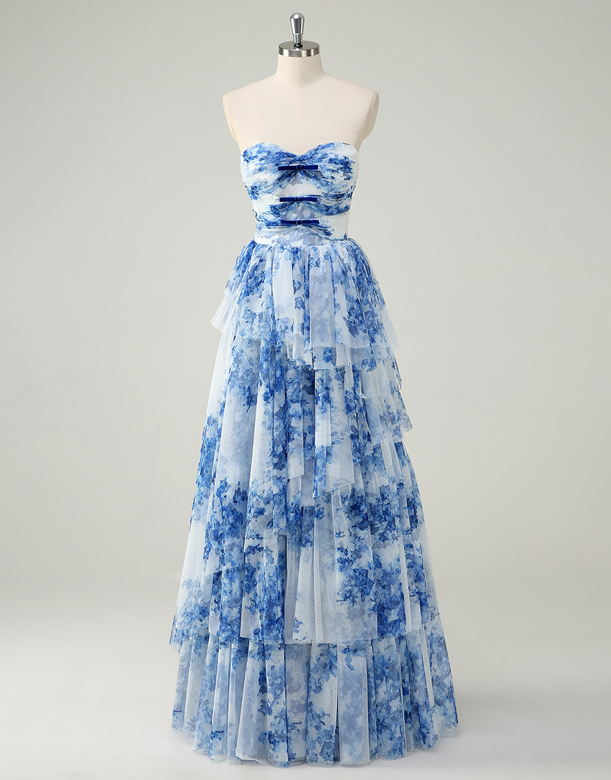 White Blue Flower A-Line Strapless Ruffles Long Prom Dress