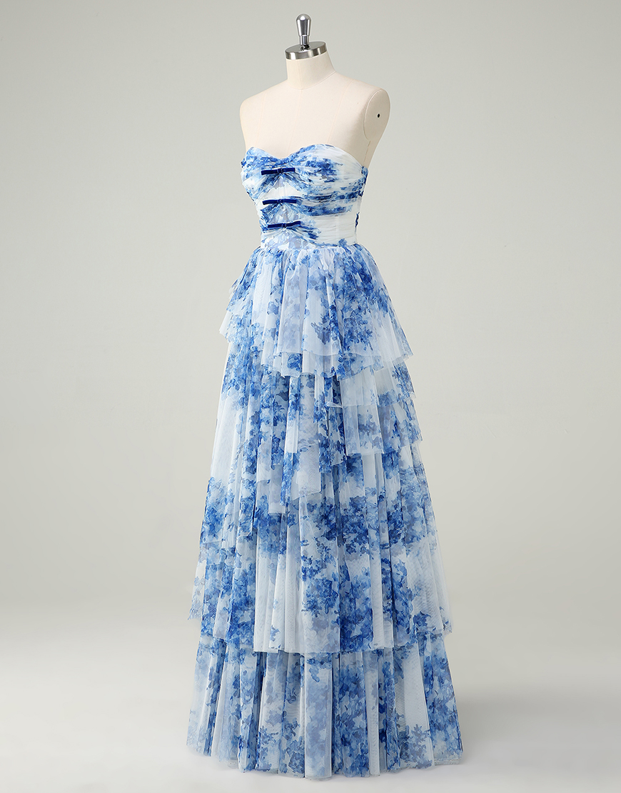 White Blue Flower A-Line Strapless Ruffles Long Prom Dress