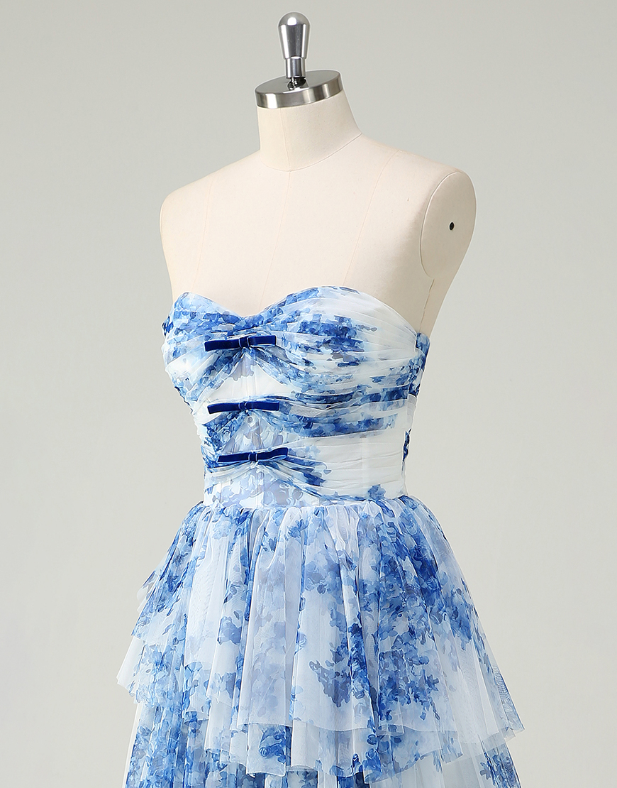 White Blue Flower A-Line Strapless Ruffles Long Prom Dress