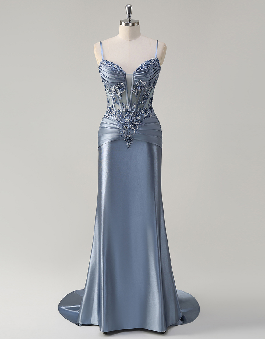 Sparkly Grey Blue Mermaid Spaghetti Straps Corset Appliques Satin Long Prom Dress