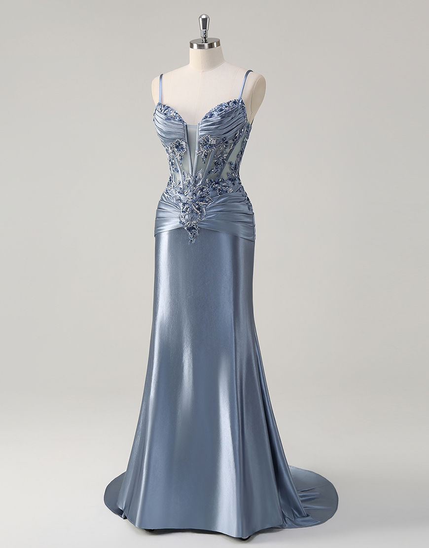 Sparkly Grey Blue Mermaid Spaghetti Straps Corset Appliques Satin Long Prom Dress