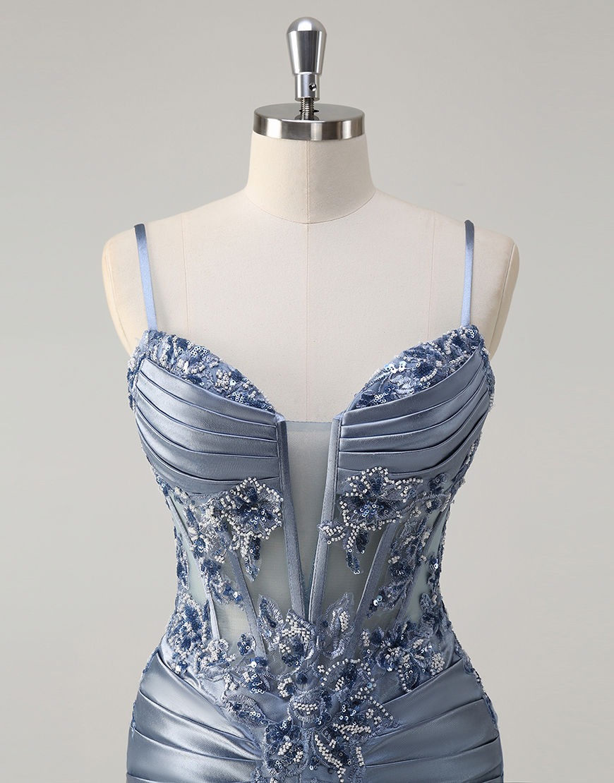 Sparkly Grey Blue Mermaid Spaghetti Straps Corset Appliques Satin Long Prom Dress