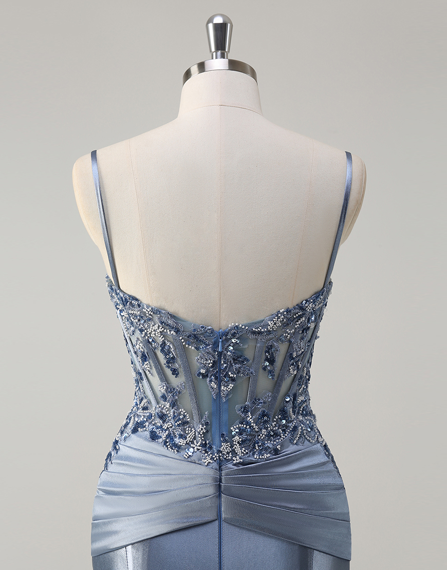 Sparkly Grey Blue Mermaid Spaghetti Straps Corset Appliques Satin Long Prom Dress