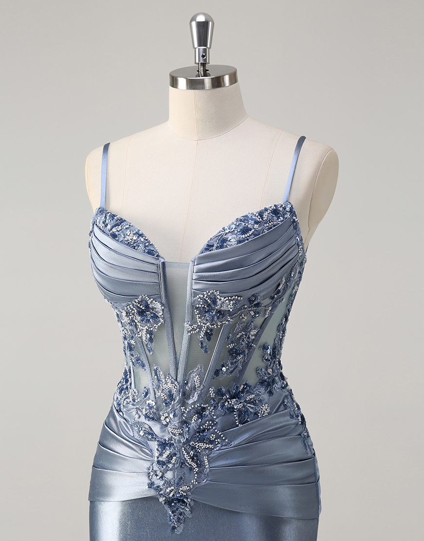 Sparkly Grey Blue Mermaid Spaghetti Straps Corset Appliques Satin Long Prom Dress