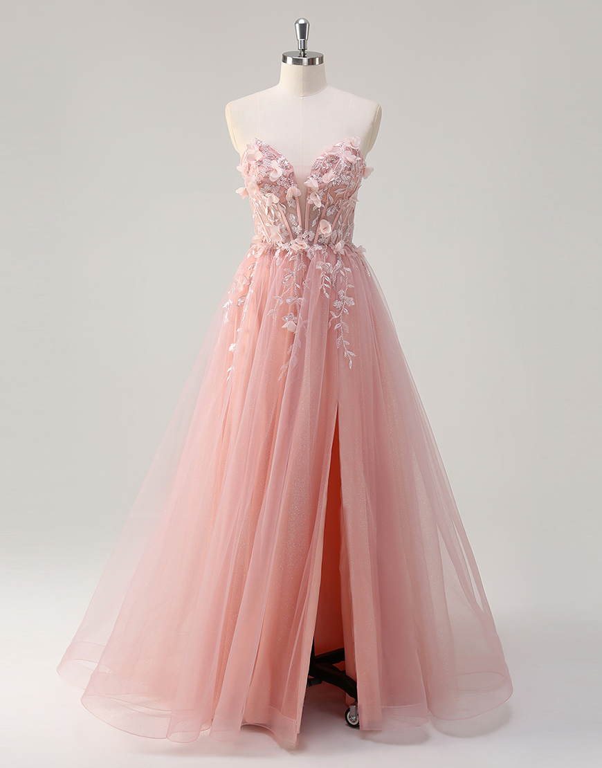 Sparkly Pink A-Line Strapless Corset Flowers Tulle Long Prom Dress with Slit