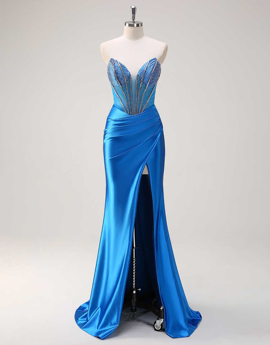 Sparkly Blue Mermaid Strapless Beaded Corset Satin Long Prom Dress with Slit
