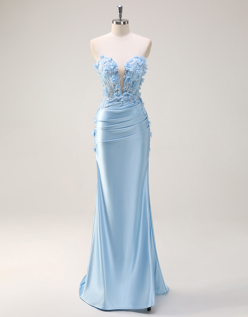 Sparkly Sky Blue Mermaid Strapless Corset Flowers Satin Long Prom Dress with Slit