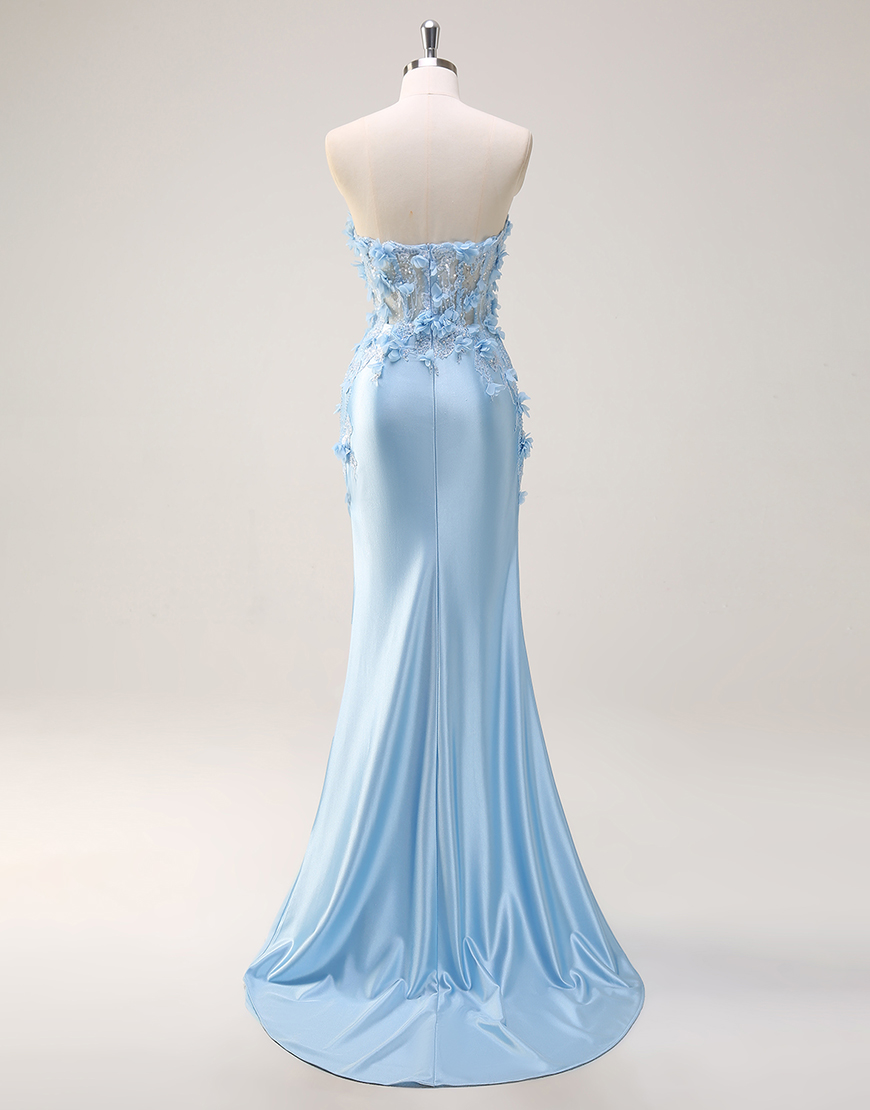 Sparkly Sky Blue Mermaid Strapless Corset Flowers Satin Long Prom Dress with Slit