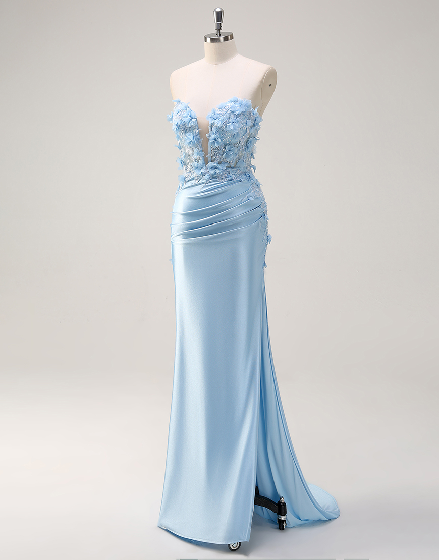 Sparkly Sky Blue Mermaid Strapless Corset Flowers Satin Long Prom Dress with Slit