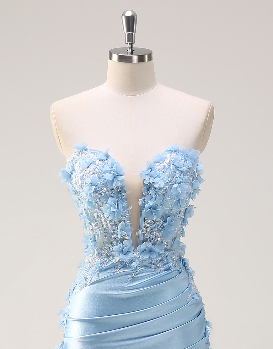 Sparkly Sky Blue Mermaid Strapless Corset Flowers Satin Long Prom Dress with Slit