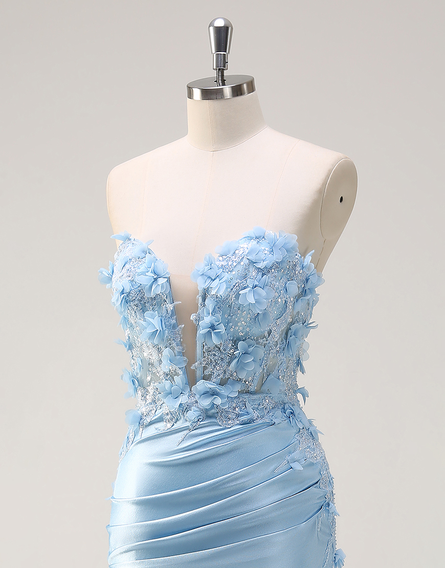 Sparkly Sky Blue Mermaid Strapless Corset Flowers Satin Long Prom Dress with Slit