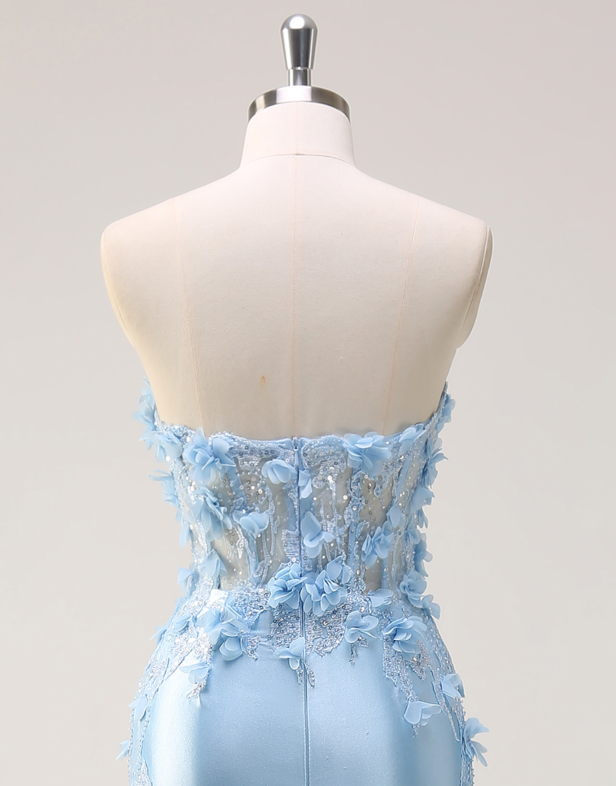 Sparkly Sky Blue Mermaid Strapless Corset Flowers Satin Long Prom Dress with Slit