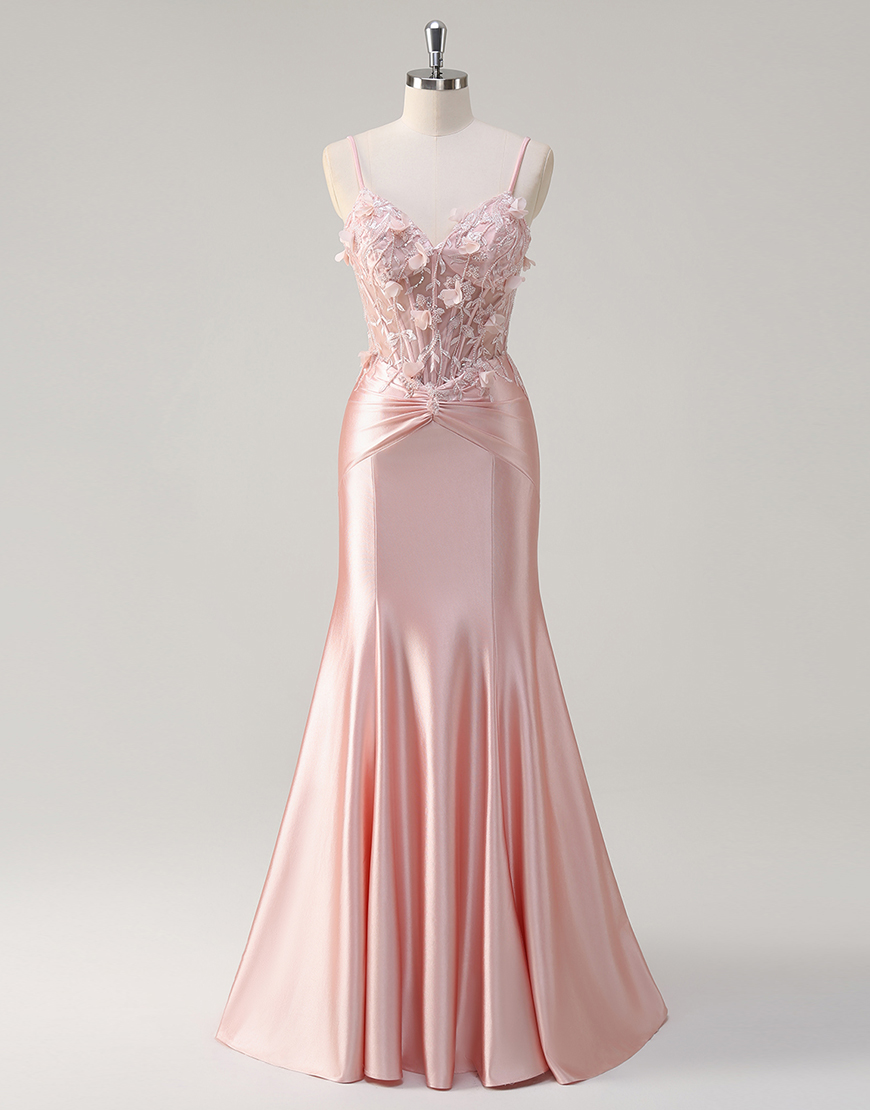 Sparkly Pink Mermaid Spaghetti Straps Corset Flowers Satin Long Prom Dress