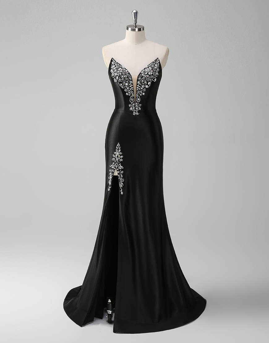 Sparkly Black Mermaid Strapless Rhinestones Satin Long Prom Dress with Slit